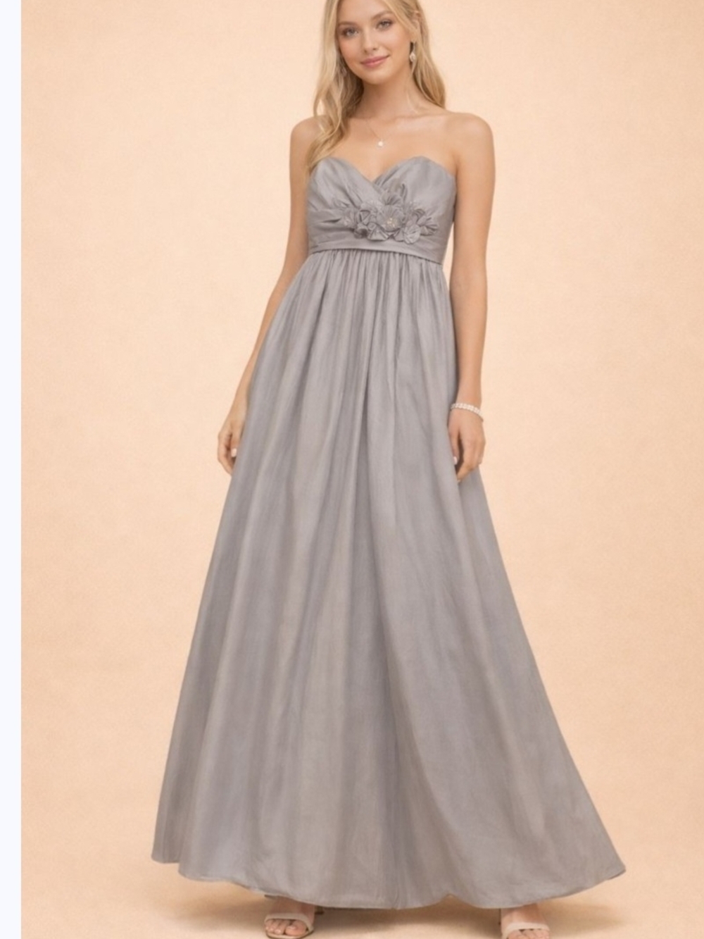 Watters Strapless Silver-Gray-Champagne Sweetheart Gown with Floral Applique
